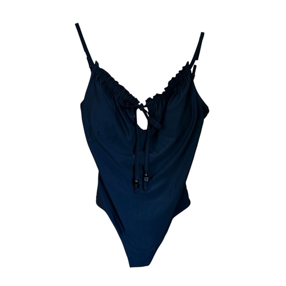 Aerie Black One Piece Swimsuit Ruffle Deep V Tie Front Sz M - Picture 2 of 12